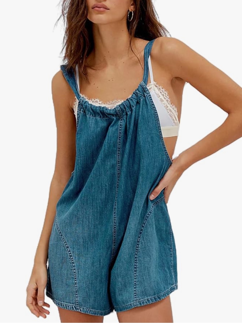 Chic Nation Teal-Blue Denim Tie-Back Short Overalls